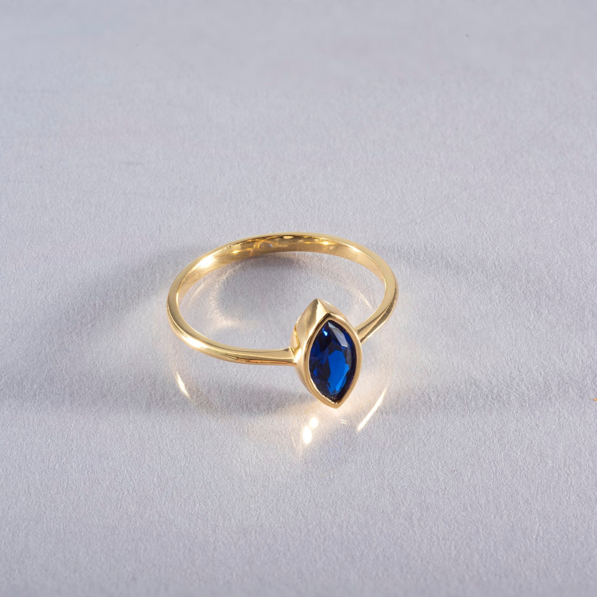 Sapphire Ring Bezel Marquise Cut in 14K Solid Gold, September Birthstone Jewelry Queen Jewelry Rings
