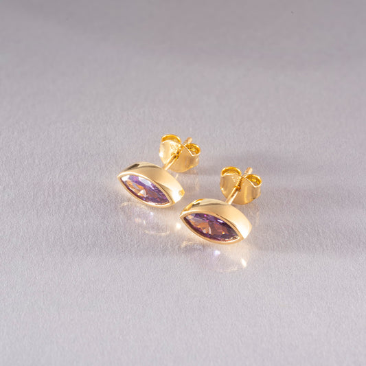 Amethyst Stud Earrings Bezel Marquise Cut in 14K Solid Gold, February Birthstone Jewelry Queen Jewelry Earrings
