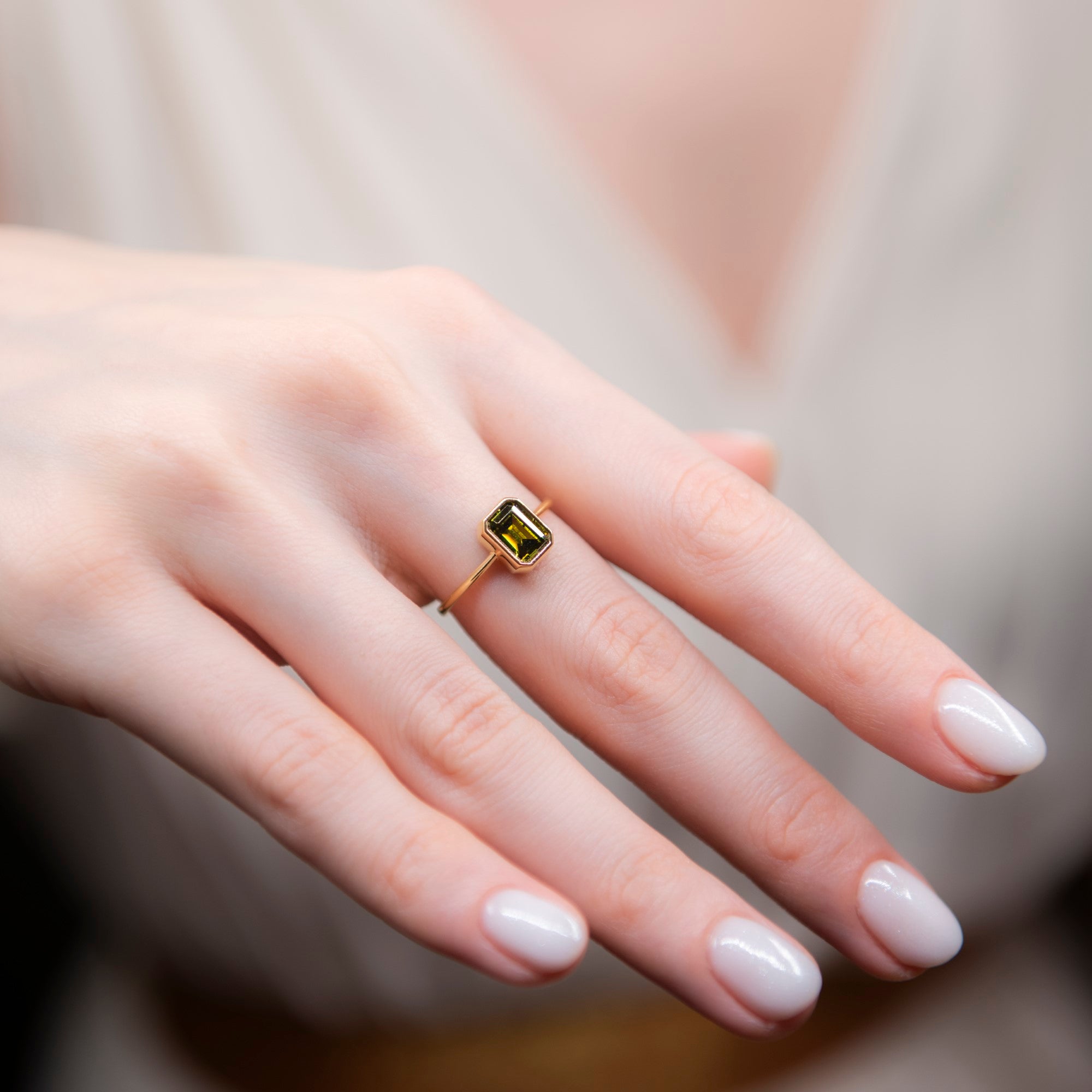 Peridot Rectangle Ring 14K Solid Gold, August Birthstone, Baguette Cut Design Queen Jewelry Rings
