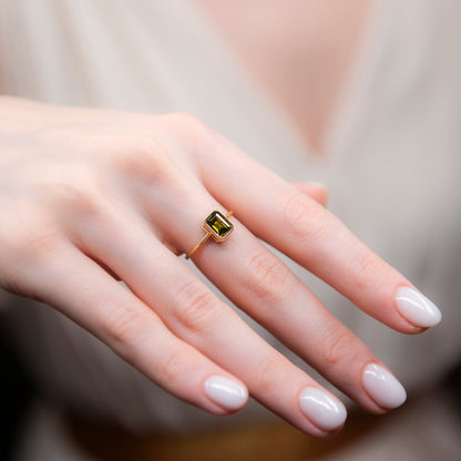 Peridot Rectangle Ring 14K Solid Gold, August Birthstone, Baguette Cut Design Queen Jewelry Rings