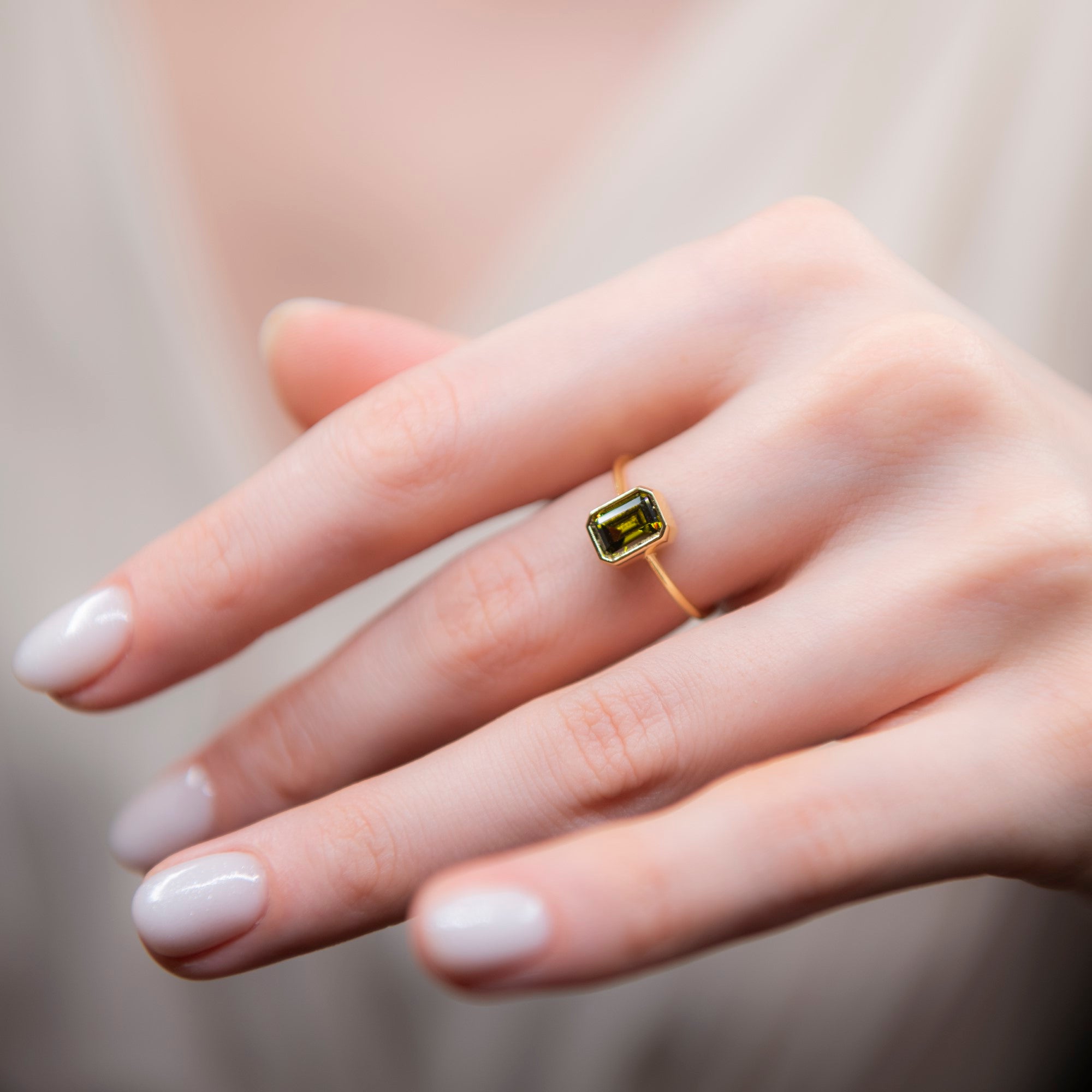 Peridot Rectangle Ring 14K Solid Gold, August Birthstone, Baguette Cut Design Queen Jewelry Rings
