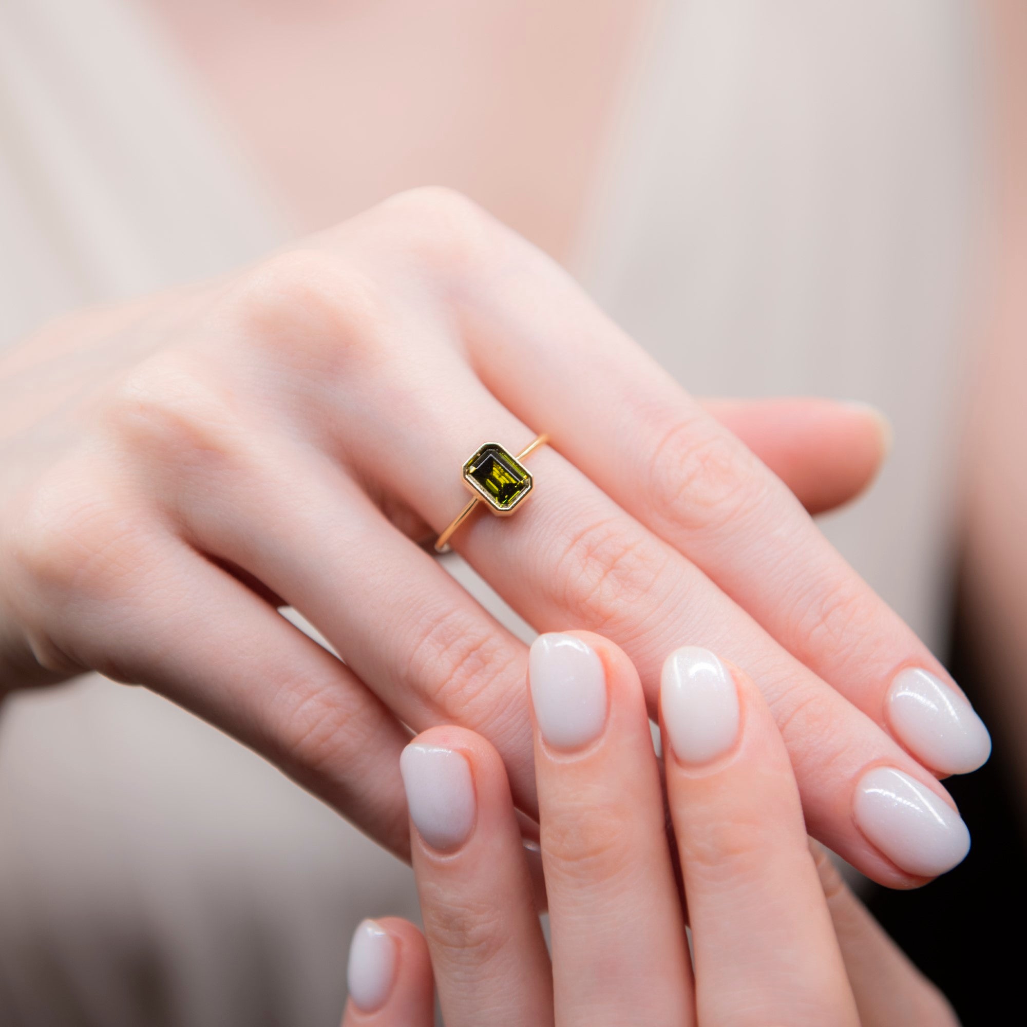 Peridot Rectangle Ring 14K Solid Gold, August Birthstone, Baguette Cut Design Queen Jewelry Rings