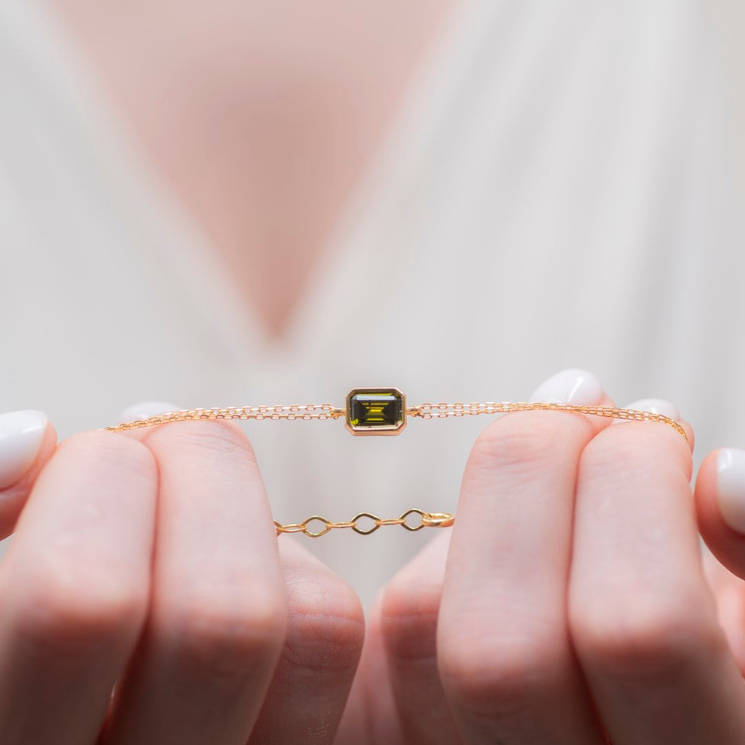 Peridot Rectangle Bracelet 10K/14K Solid Gold, August Birthstone Baguette Jewelry
