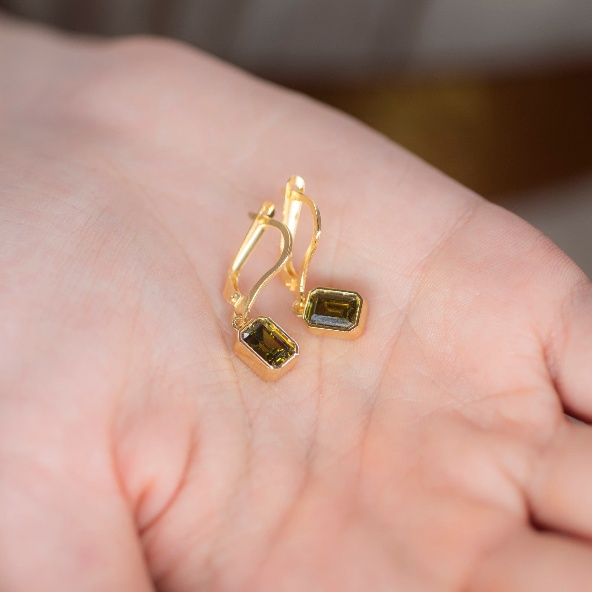 Rectangle Peridot Dangling Earrings in 14K Solid Gold, August Birthstone Baguette Cut Jewelry Queen Jewelry Earrings