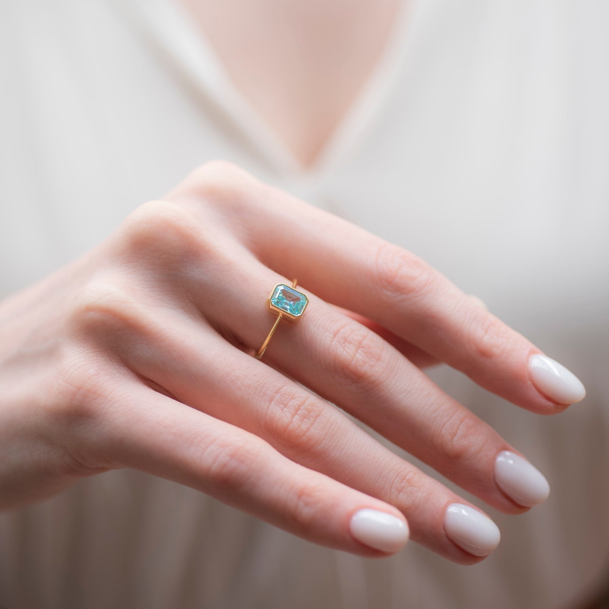 Aquamarine Rectangle Ring 14K Solid Gold, March Birthstone, Baguette Cut Design Queen Jewelry Rings