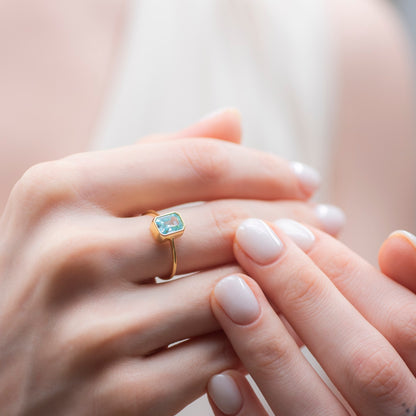 Aquamarine Rectangle Ring 14K Solid Gold, March Birthstone, Baguette Cut Design Queen Jewelry Rings