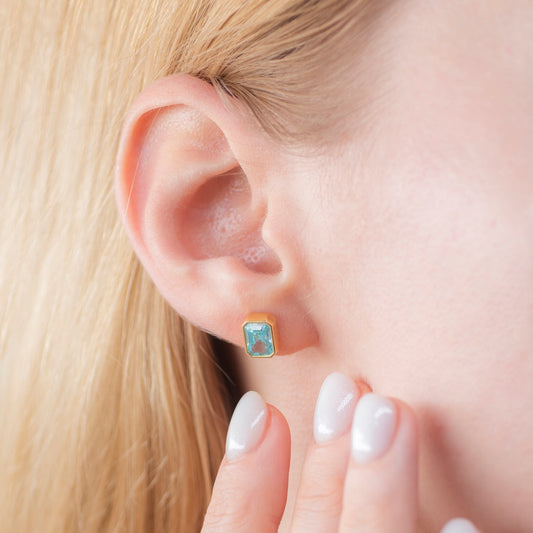 Rectangle Aquamarine Stud Earrings in 14K Solid Gold, March Birthstone Baguette Cut Jewelry Queen Jewelry Earrings