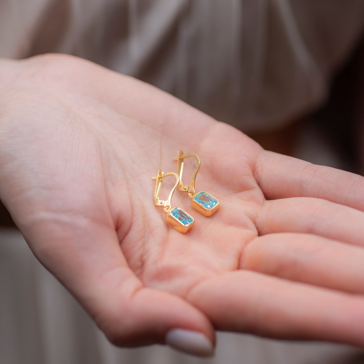 Rectangle Aquamarine Dangling Earrings in 14K Solid Gold, March Birthstone Baguette Cut Jewelry Queen Jewelry Earrings