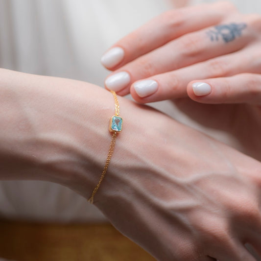 Aquamarine Rectangle Bracelet 10K/14K Solid Gold, March Birthstone Baguette Jewelry
