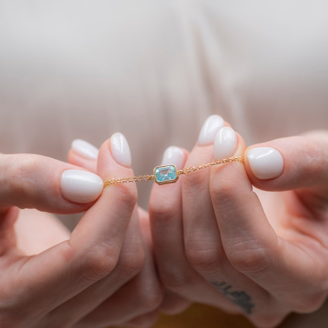Aquamarine Rectangle Bracelet 10K/14K Solid Gold, March Birthstone Baguette Jewelry