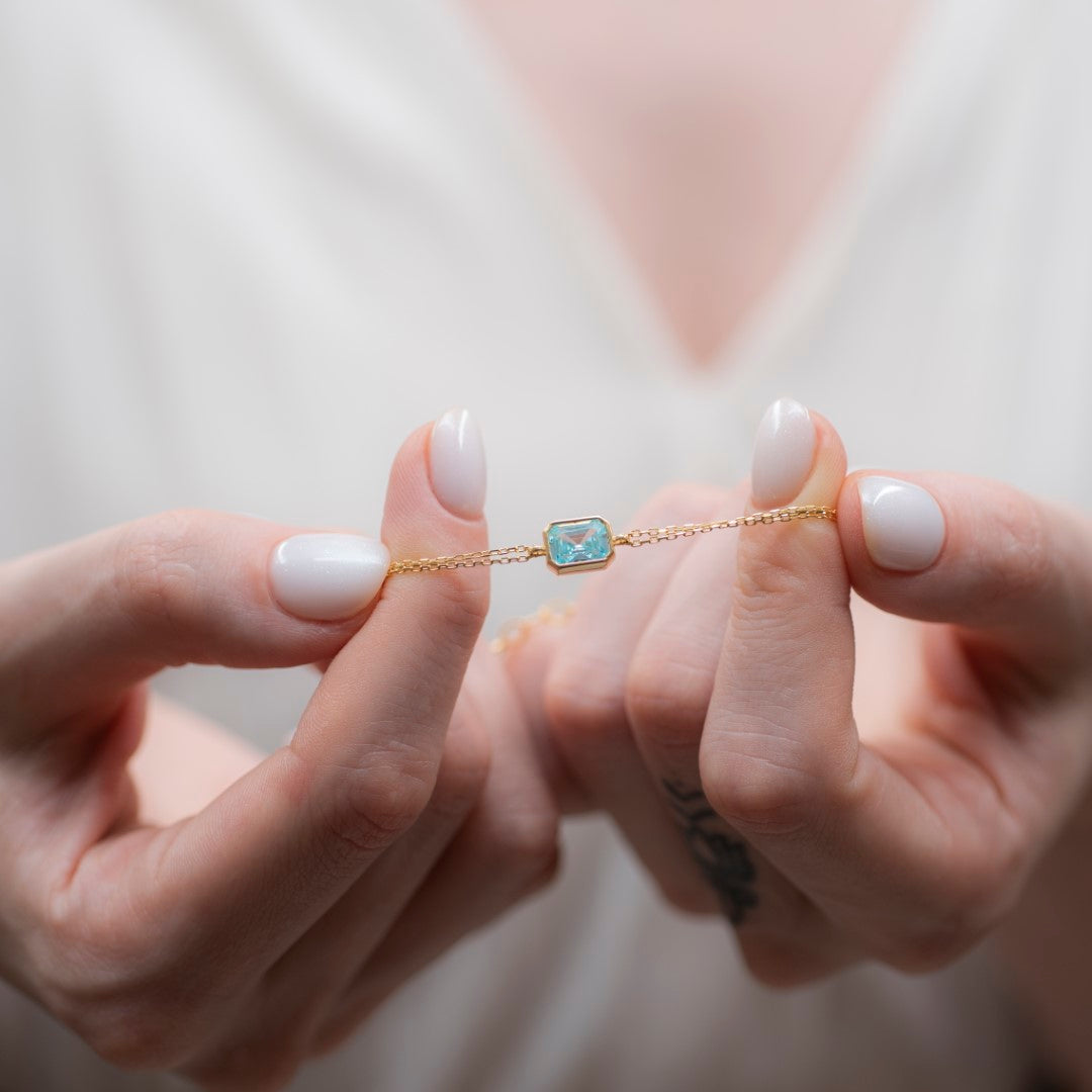 Aquamarine Rectangle Bracelet 10K/14K Solid Gold, March Birthstone Baguette Jewelry