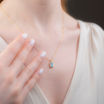 Aquamarine Rectangle Bezel Necklace 14K Solid Gold, March Birthstone Pendant Queen Jewelry Necklace