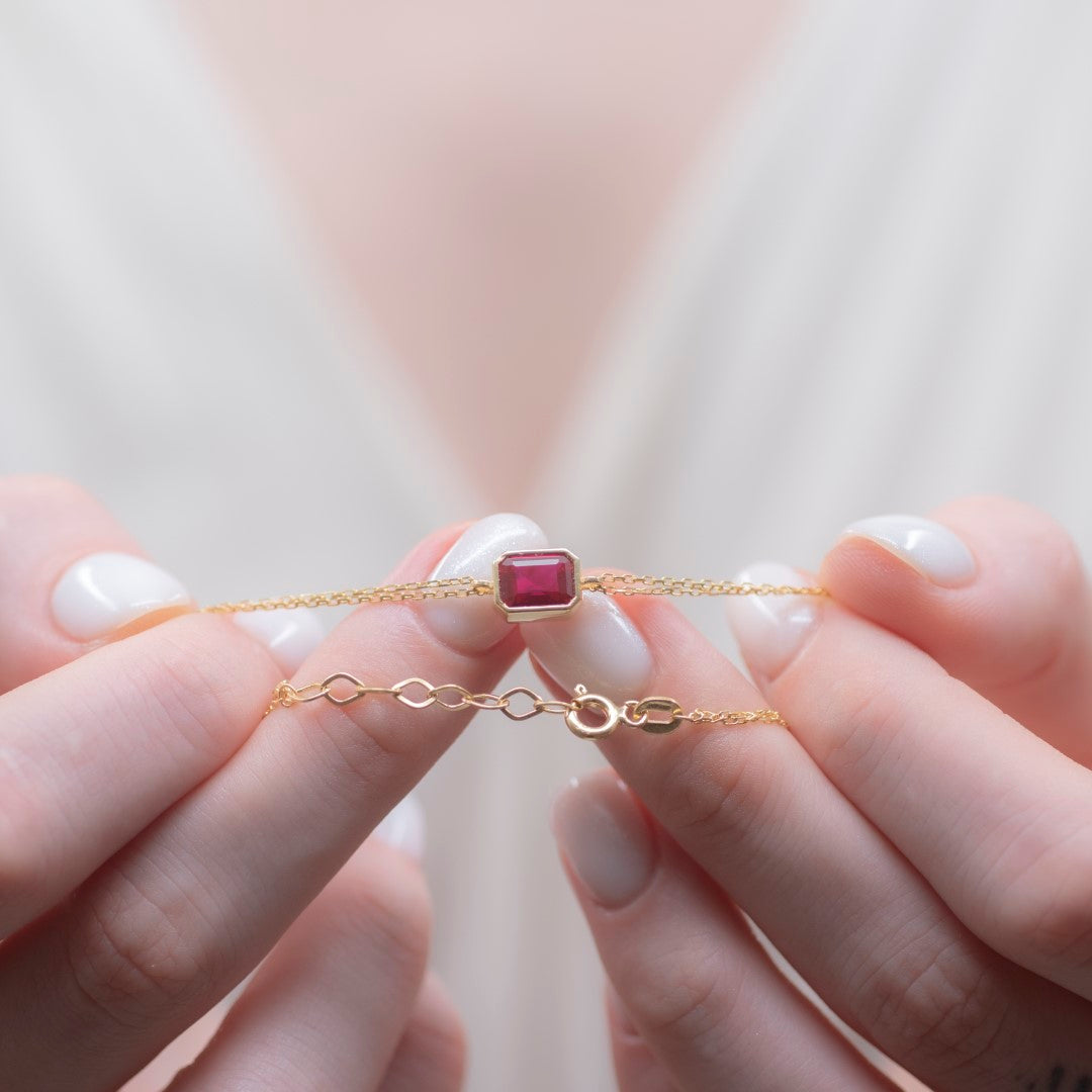 Ruby Rectangle Bracelet 10K/14K Solid Gold, July Birthstone Baguette Jewelry