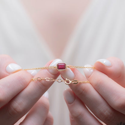 Ruby Rectangle Bracelet 10K/14K Solid Gold, July Birthstone Baguette Jewelry