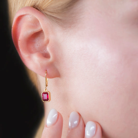 Rectangle Ruby Dangling Earrings in 14K Solid Gold, July Birthstone Baguette Cut Jewelry Queen Jewelry Earrings