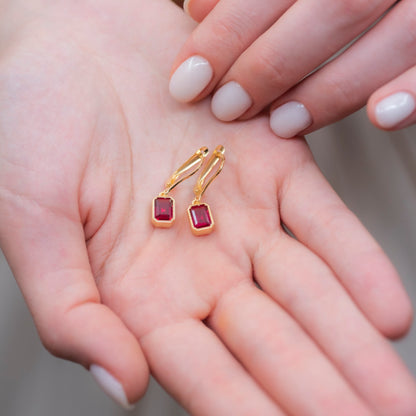 Rectangle Ruby Dangling Earrings in 14K Solid Gold, July Birthstone Baguette Cut Jewelry Queen Jewelry Earrings