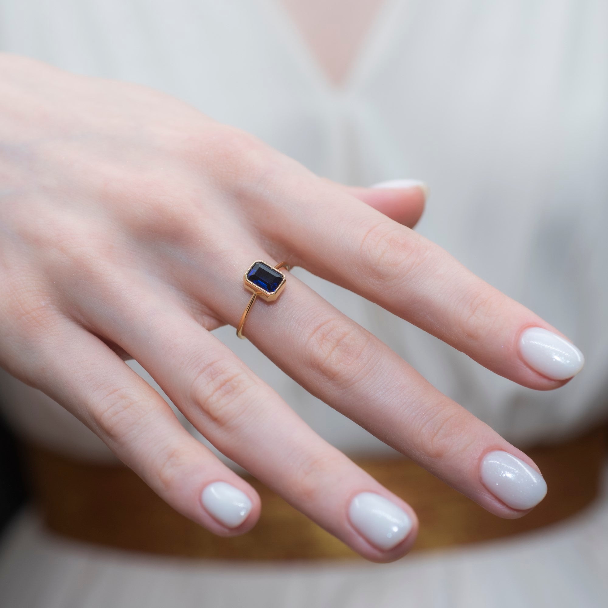 Sapphire Rectangle Ring 14K Solid Gold, September Birthstone, Baguette Cut Design Queen Jewelry Rings
