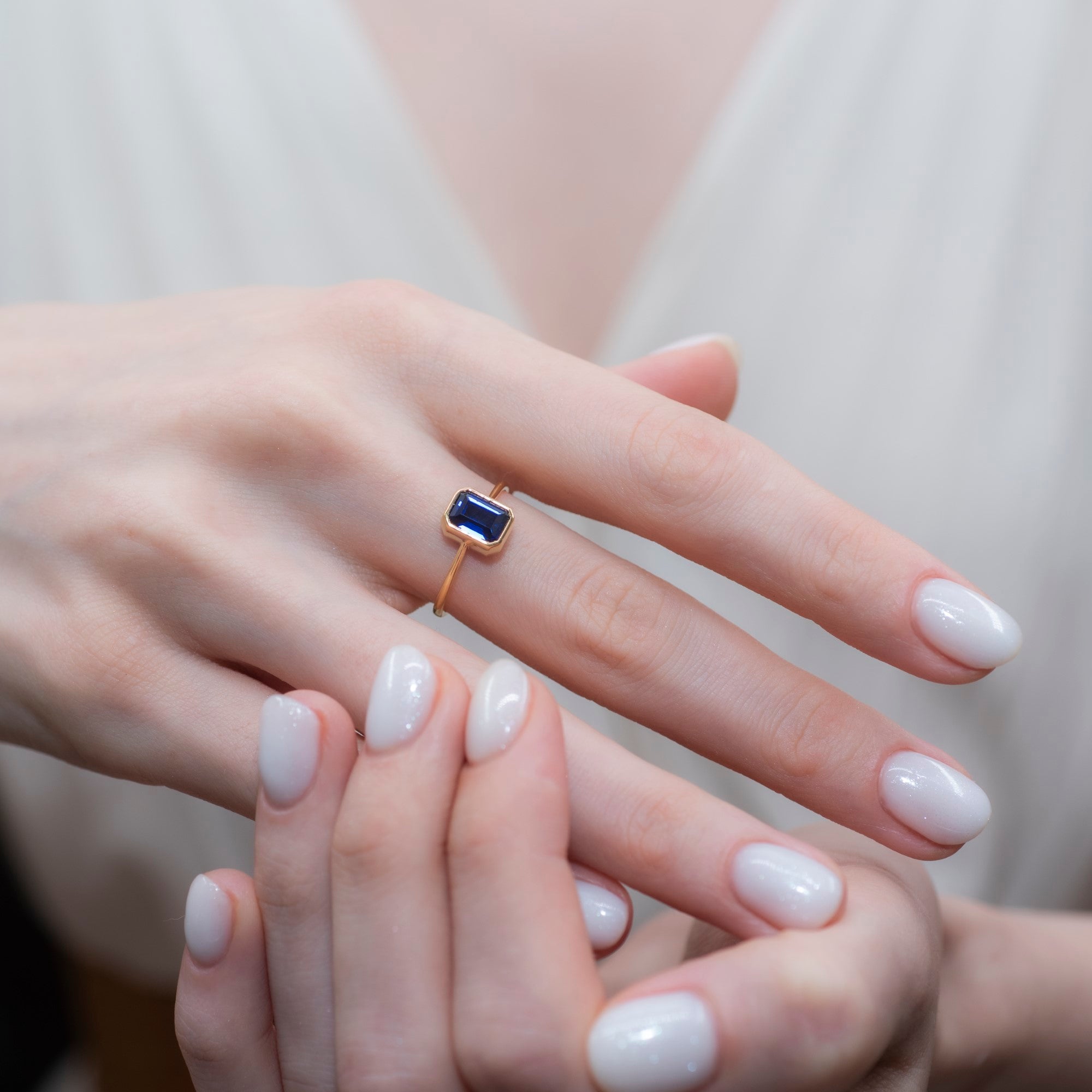 Sapphire Rectangle Ring 14K Solid Gold, September Birthstone, Baguette Cut Design Queen Jewelry Rings