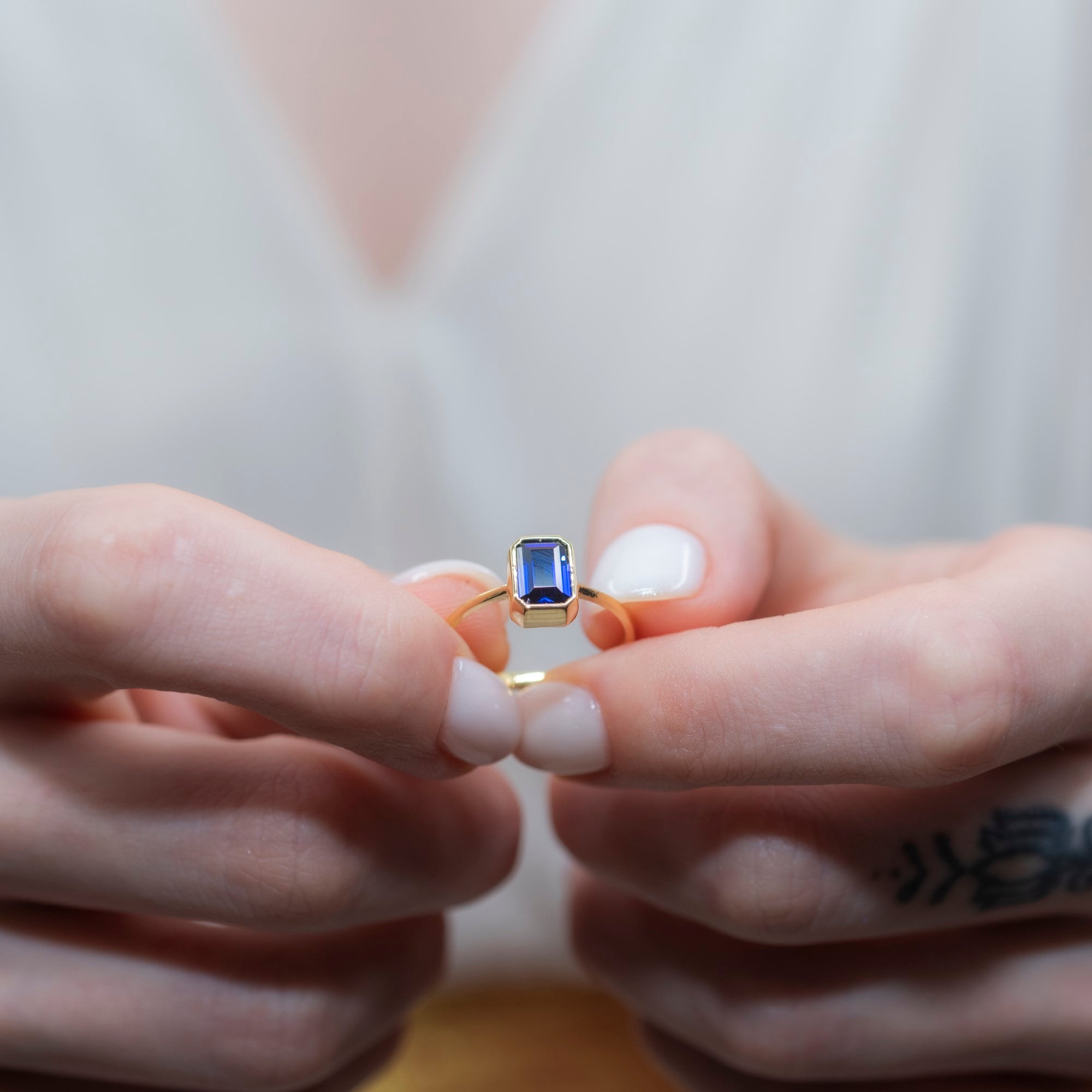 Sapphire Rectangle Ring 14K Solid Gold, September Birthstone, Baguette Cut Design Queen Jewelry Rings