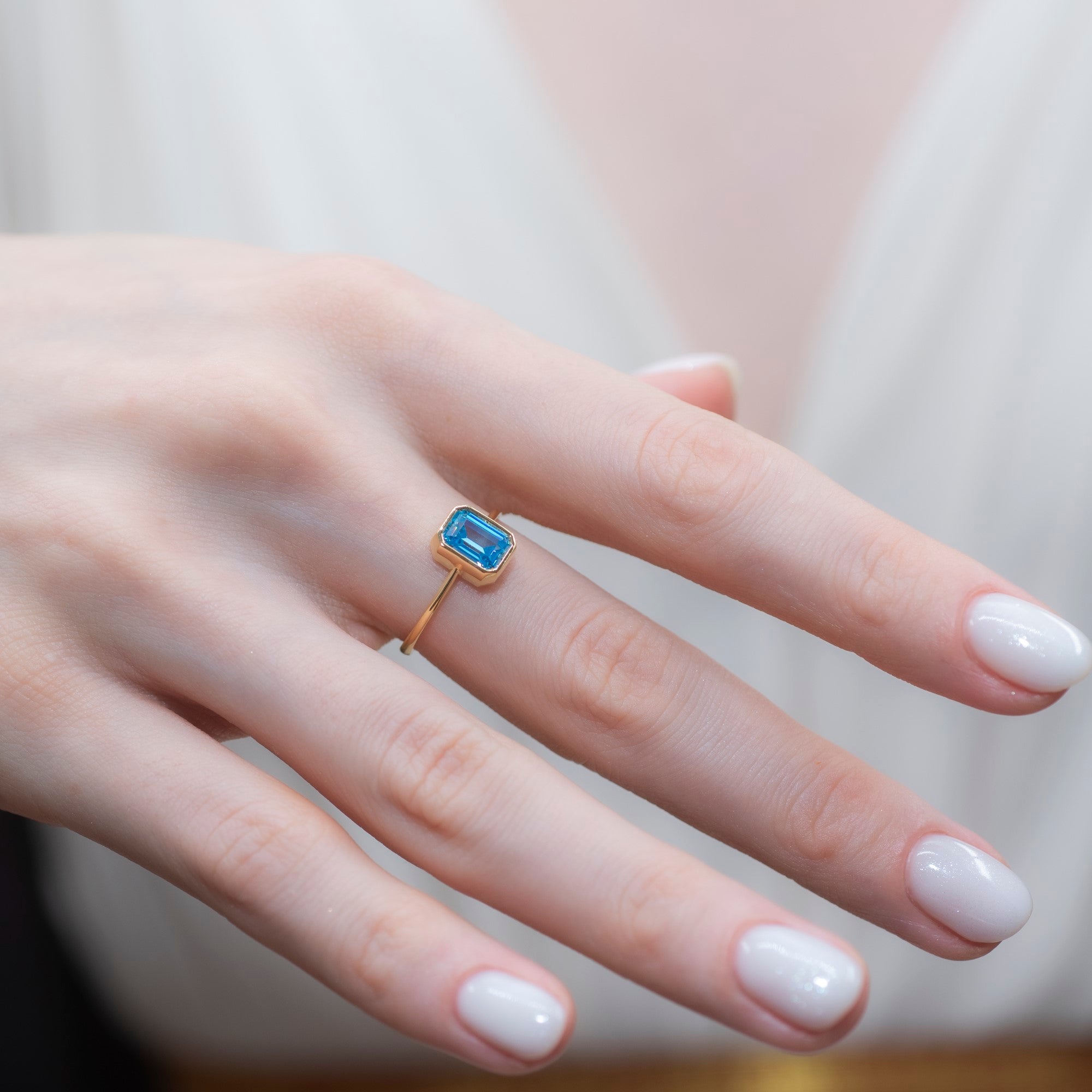 Blue Topaz Rectangle Ring 14K Solid Gold, December Birthstone, Baguette Cut Design Queen Jewelry Rings