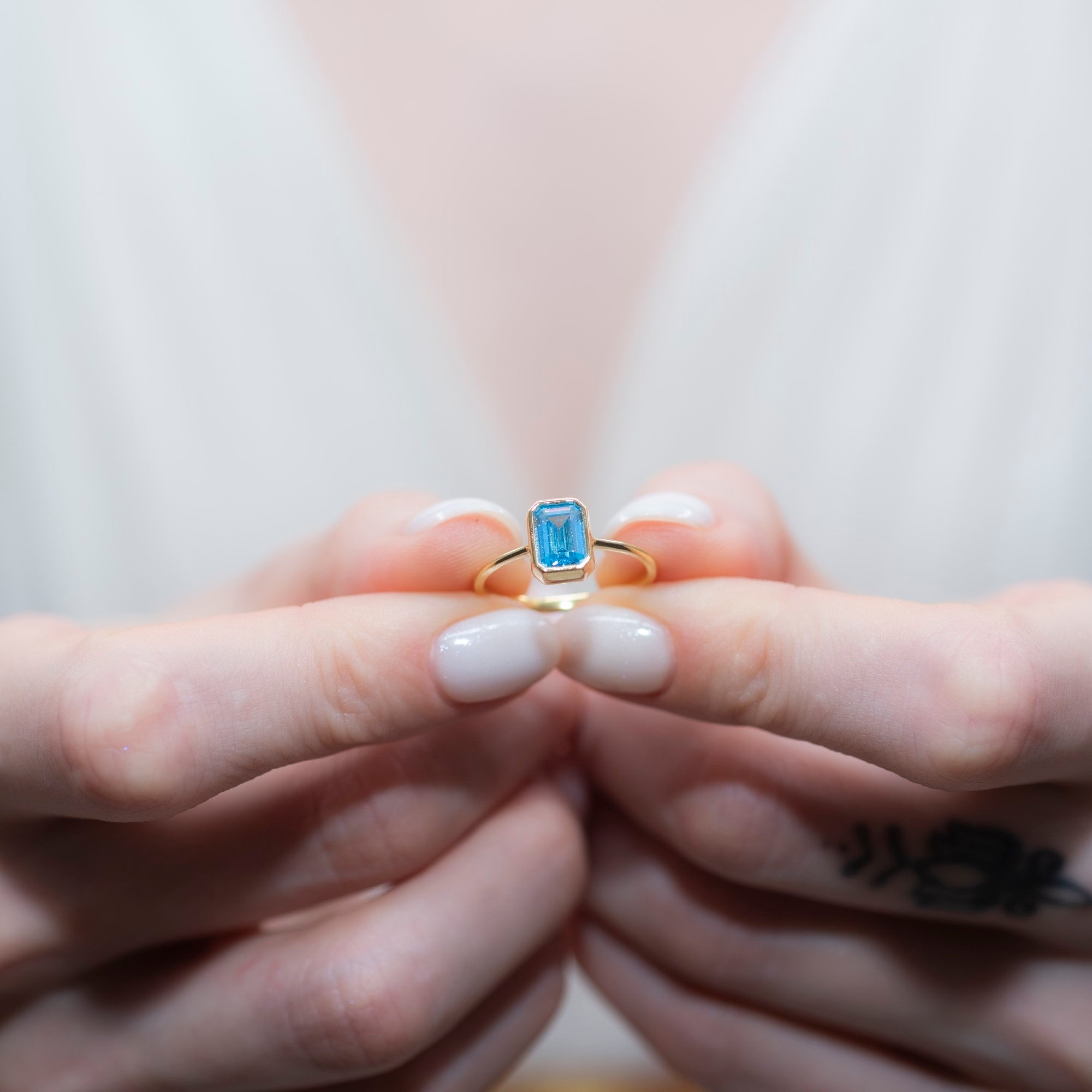 Blue Topaz Rectangle Ring 14K Solid Gold, December Birthstone, Baguette Cut Design Queen Jewelry Rings