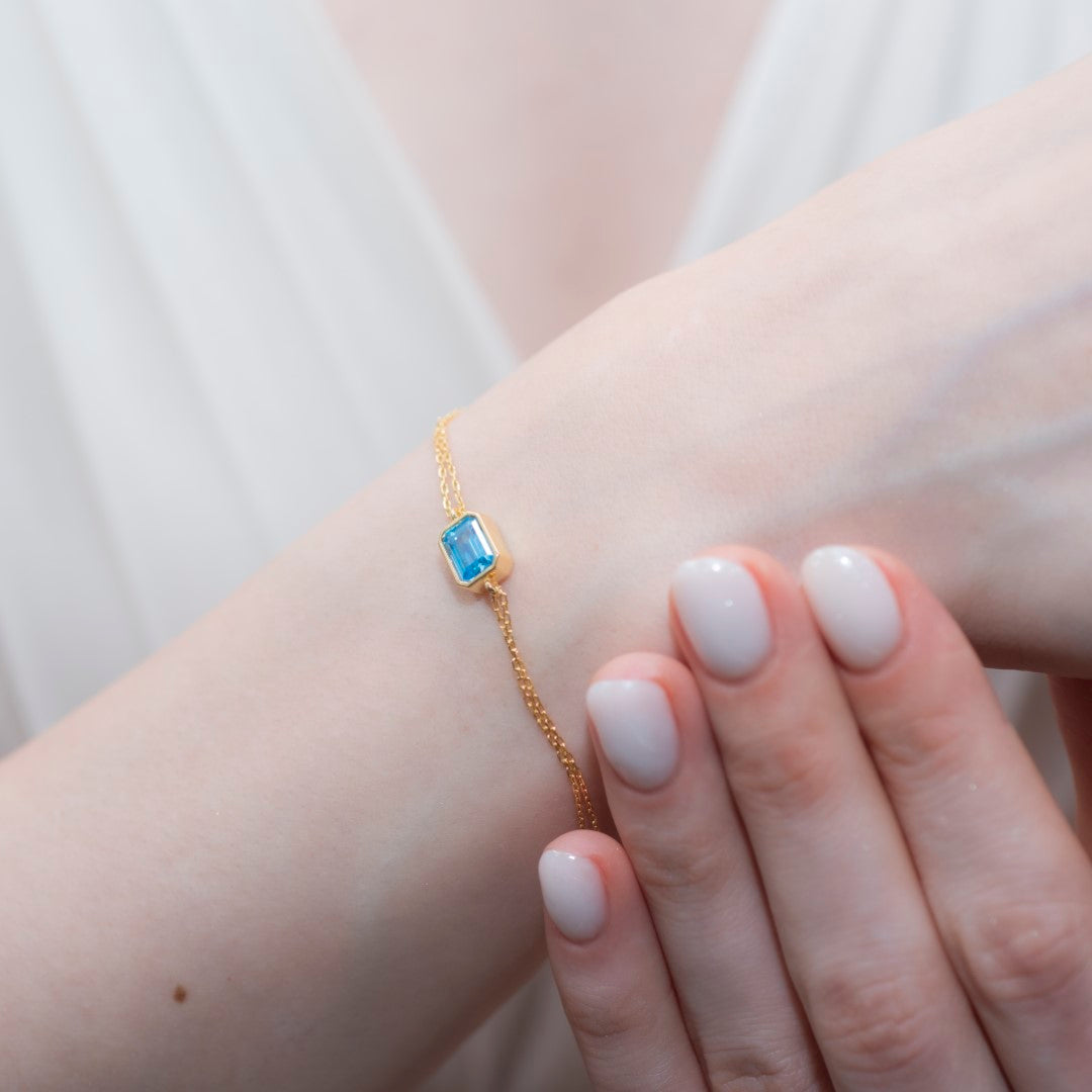 Blue Topaz Rectangle Bracelet 10K/14K Solid Gold, December Birthstone Baguette Jewelry