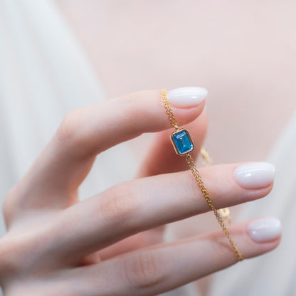 Blue Topaz Rectangle Bracelet 10K/14K Solid Gold, December Birthstone Baguette Jewelry