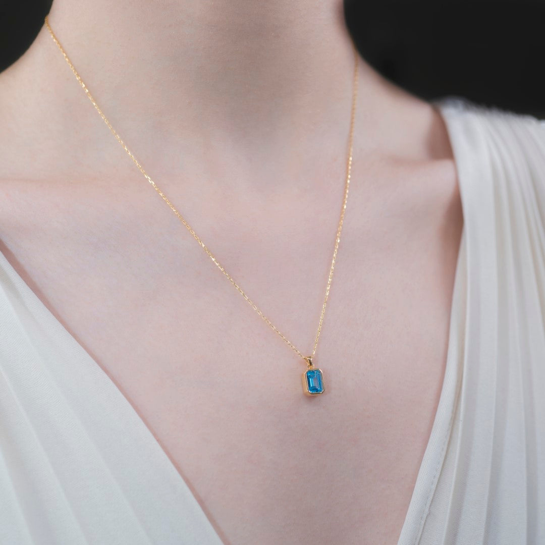 Blue Topaz Rectangle Bezel Necklace 14K Solid Gold, December Birthstone Pendant Queen Jewelry Necklace