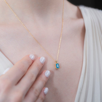 Blue Topaz Rectangle Bezel Necklace 14K Solid Gold, December Birthstone Pendant Queen Jewelry Necklace