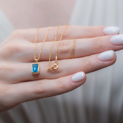 Blue Topaz Rectangle Bezel Necklace 14K Solid Gold, December Birthstone Pendant Queen Jewelry Necklace
