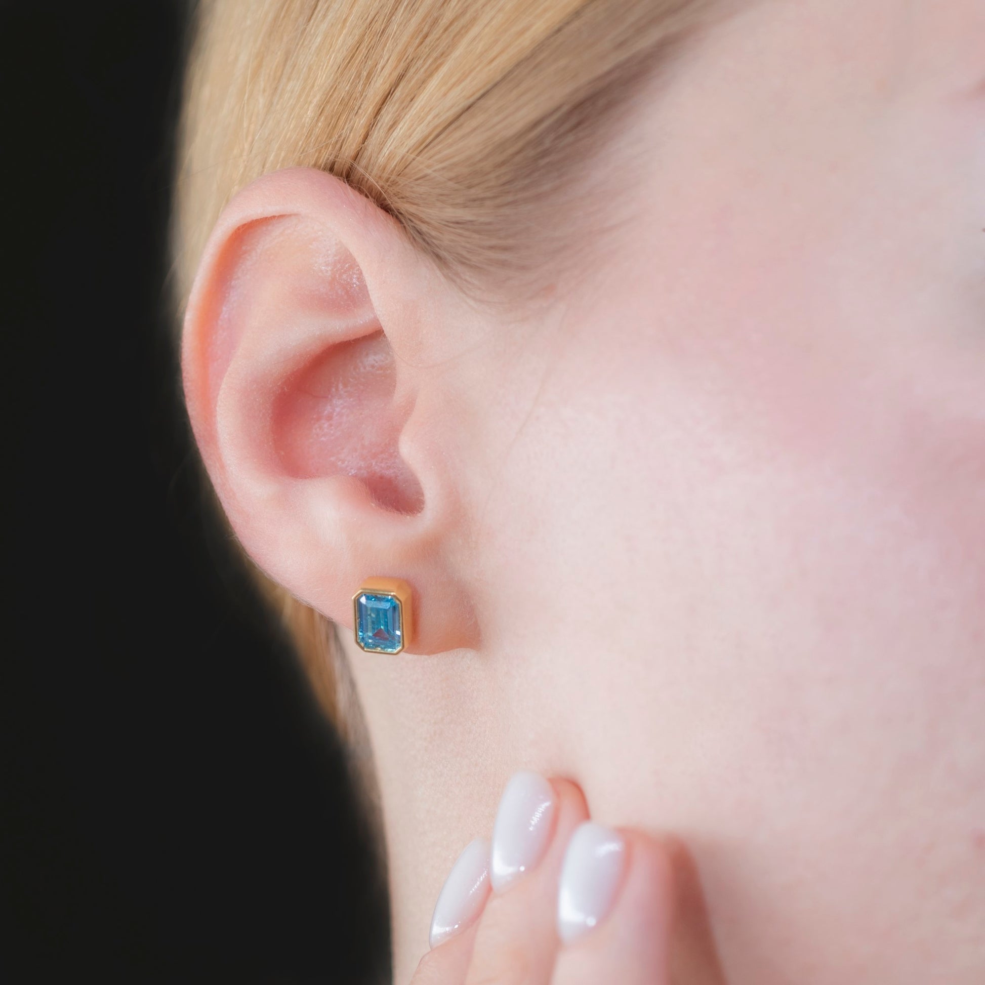 Rectangle Blue Topaz Stud Earrings in 14K Solid Gold, December Birthstone Baguette Cut Jewelry Queen Jewelry Earrings