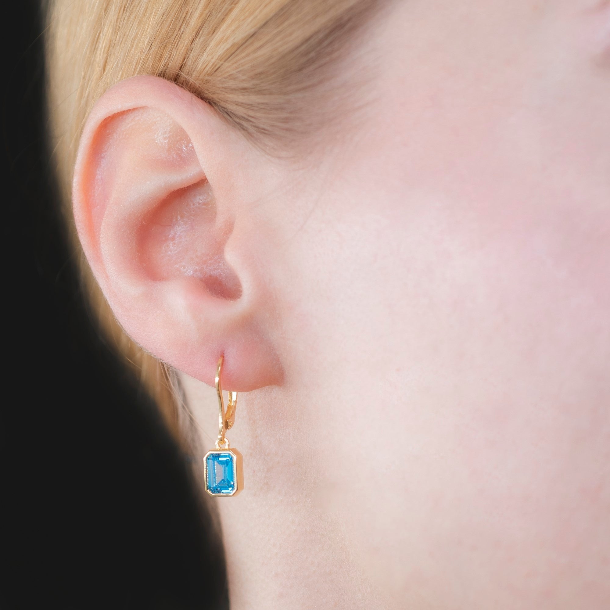 Rectangle Blue Topaz Dangling Earrings in 14K Solid Gold, December Birthstone Baguette Cut Jewelry Queen Jewelry Earrings