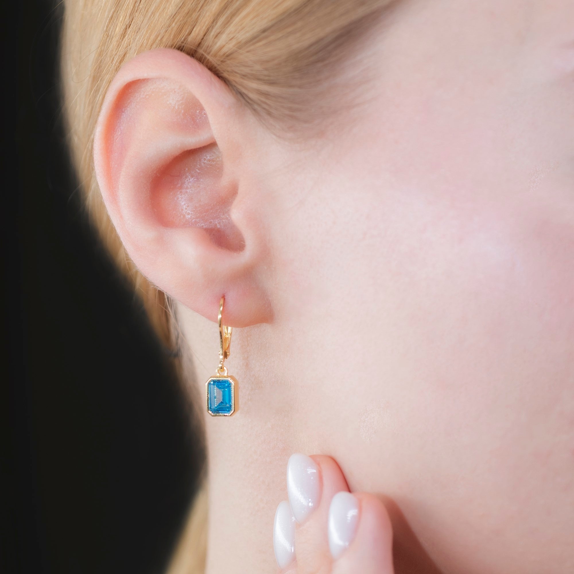 Rectangle Blue Topaz Dangling Earrings in 14K Solid Gold, December Birthstone Baguette Cut Jewelry Queen Jewelry Earrings