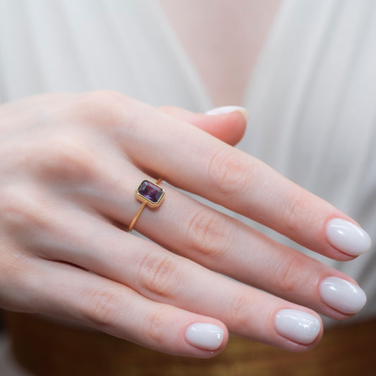 Amethyst Rectangle Ring 14K Solid Gold, February Birthstone, Baguette Cut Design Queen Jewelry Rings