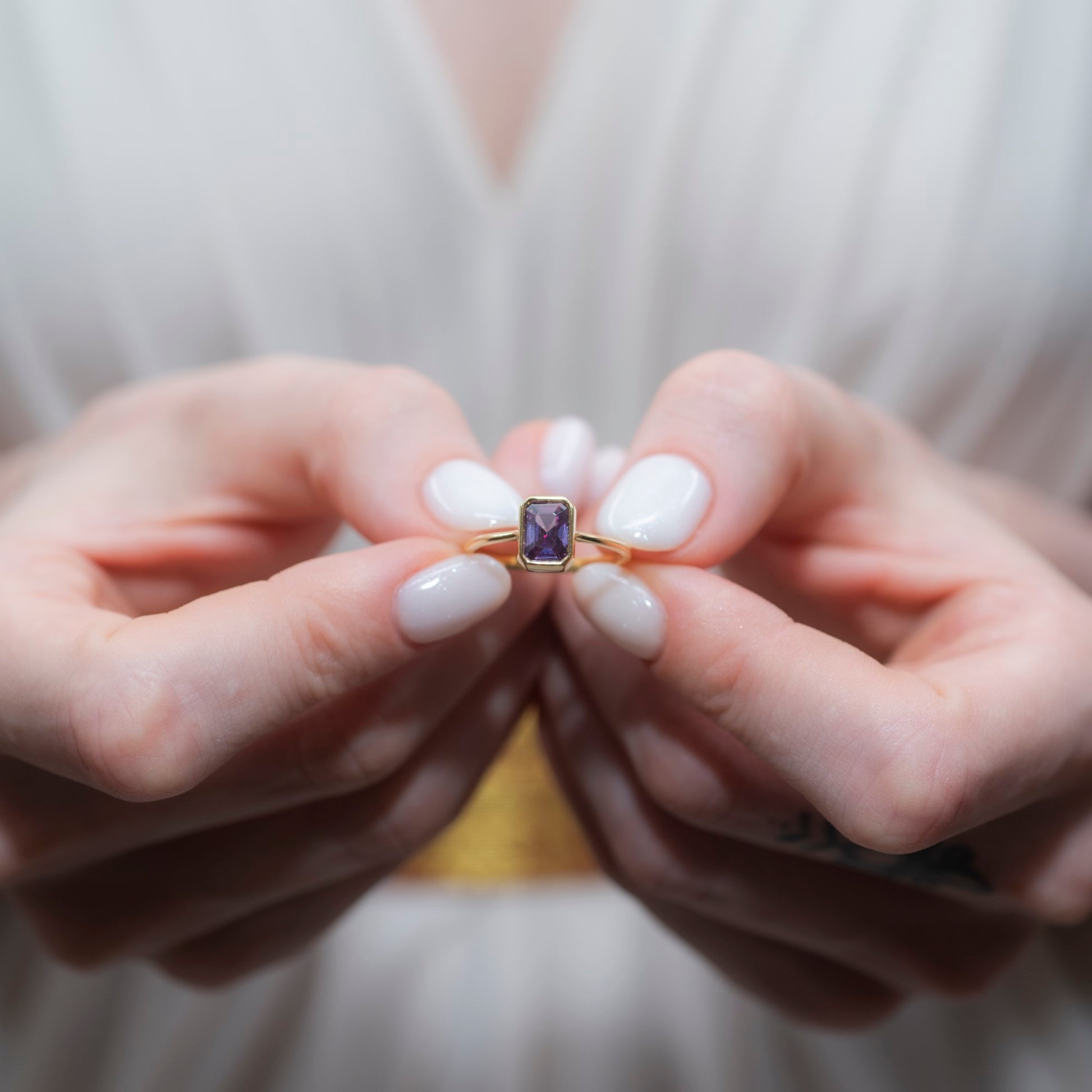 Amethyst Rectangle Ring 14K Solid Gold, February Birthstone, Baguette Cut Design Queen Jewelry Rings