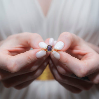 Amethyst Rectangle Ring 14K Solid Gold, February Birthstone, Baguette Cut Design Queen Jewelry Rings