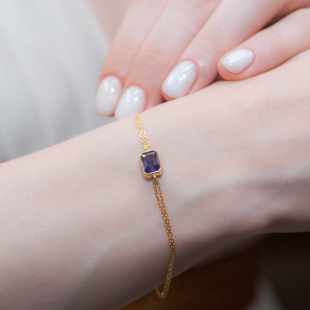 Amethyst Rectangle Bracelet 10K/14K Solid Gold, February Birthstone Baguette Jewelry