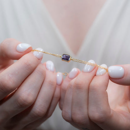 Amethyst Rectangle Bracelet 10K/14K Solid Gold, February Birthstone Baguette Jewelry