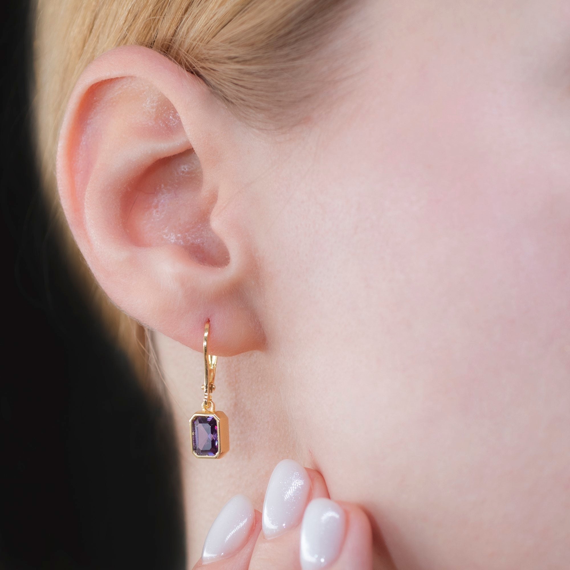 Rectangle Amethyst Dangling Earrings in 14K Solid Gold, February Birthstone Baguette Cut Jewelry Queen Jewelry Earrings