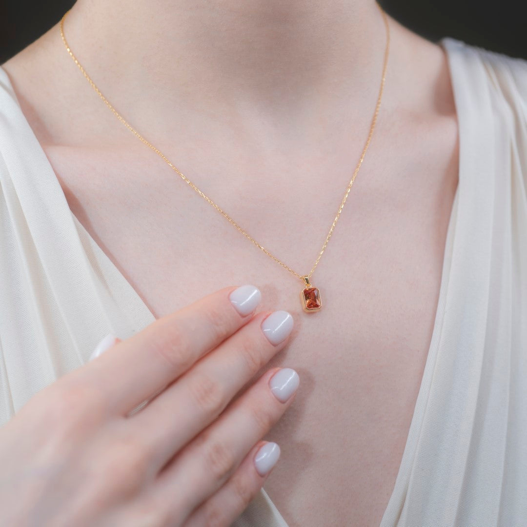 Citrine Rectangle Bezel Necklace 14K Solid Gold, November Birthstone Pendant Queen Jewelry Necklace