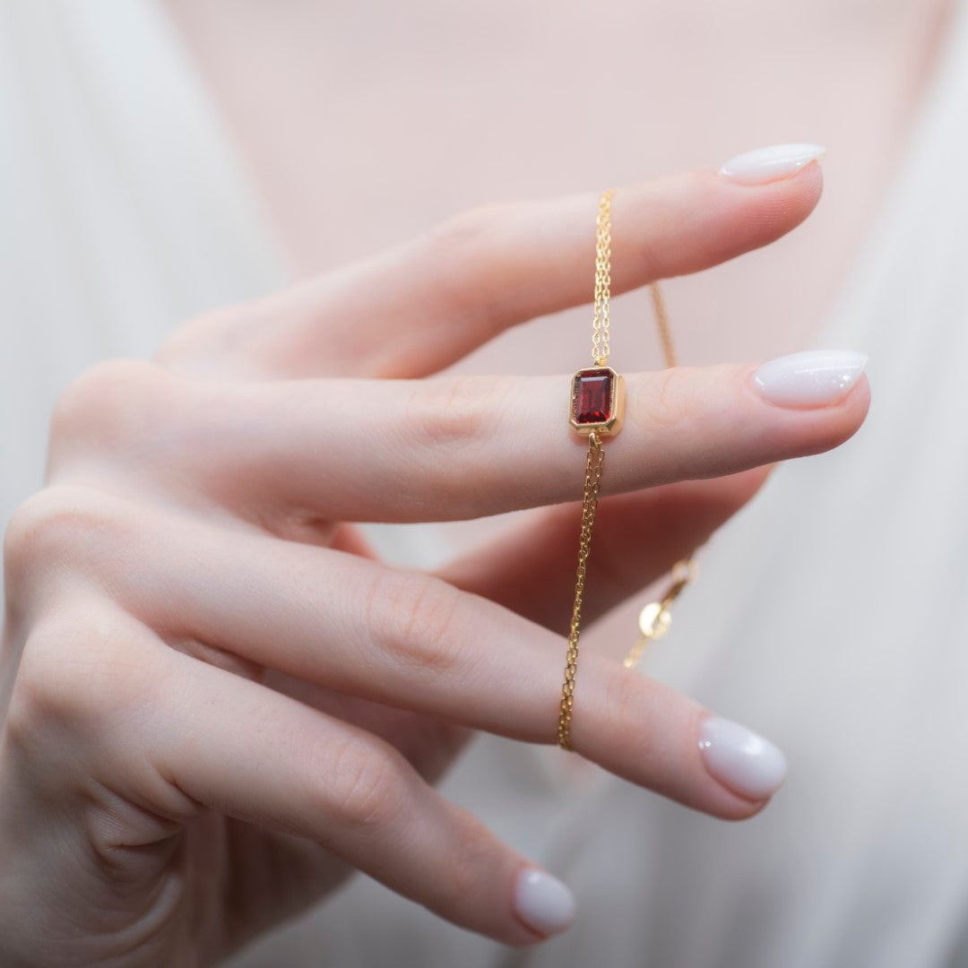 Garnet Rectangle Bracelet 10K/14K Solid Gold, January Birthstone Baguette Jewelry