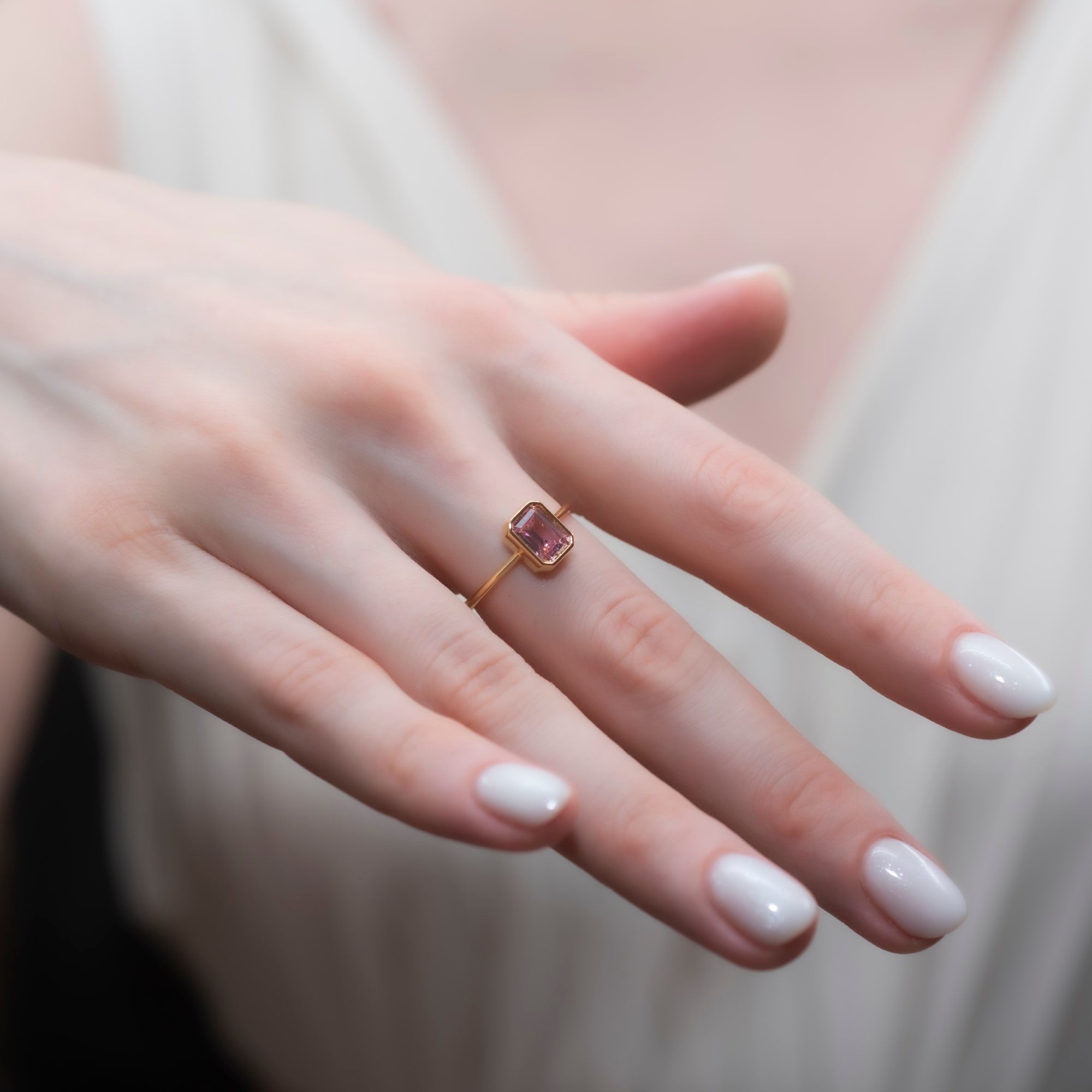 Pink Tourmaline Rectangle Ring 14K Solid Gold, October Birthstone, Baguette Cut Design Queen Jewelry Rings