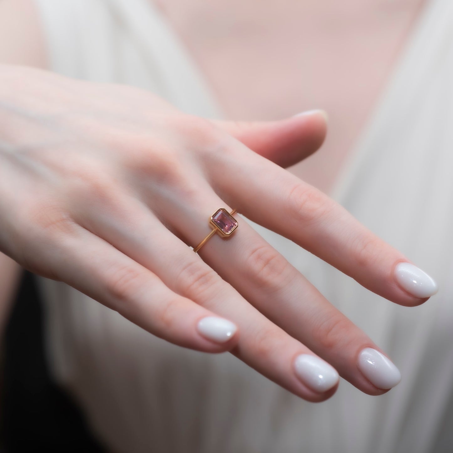 Pink Tourmaline Rectangle Ring 14K Solid Gold, October Birthstone, Baguette Cut Design Queen Jewelry Rings