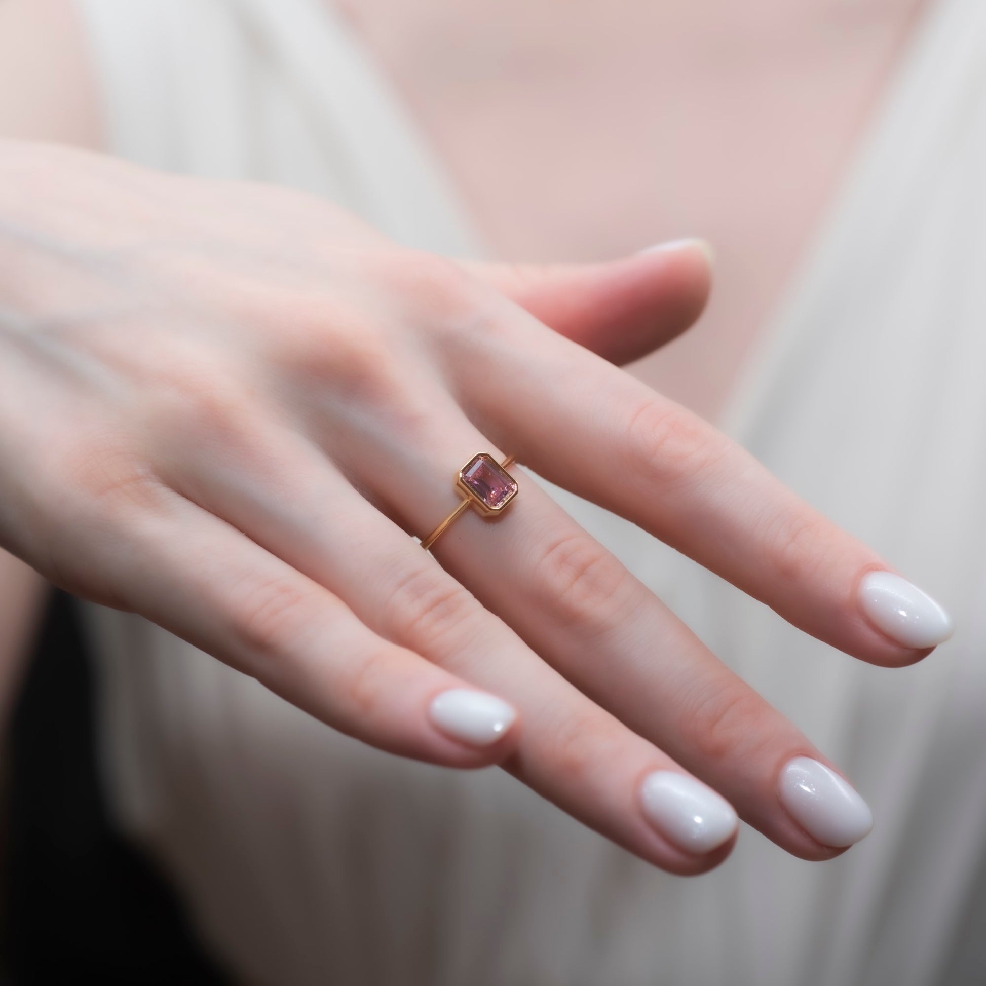 Pink Tourmaline Rectangle Ring 14K Solid Gold, October Birthstone, Baguette Cut Design Queen Jewelry Rings