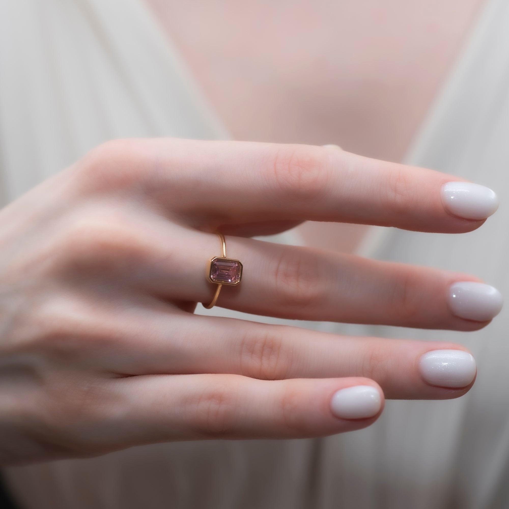 Pink Tourmaline Rectangle Ring 14K Solid Gold, October Birthstone, Baguette Cut Design Queen Jewelry Rings