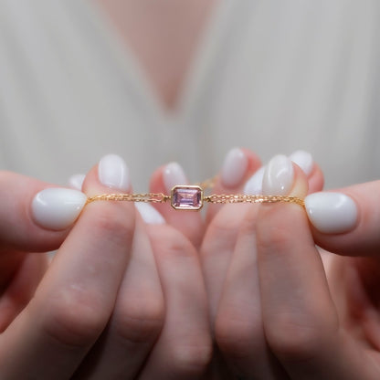 Pink Tourmaline Rectangle Bracelet 10K/14K Solid Gold, October Birthstone Baguette Jewelry