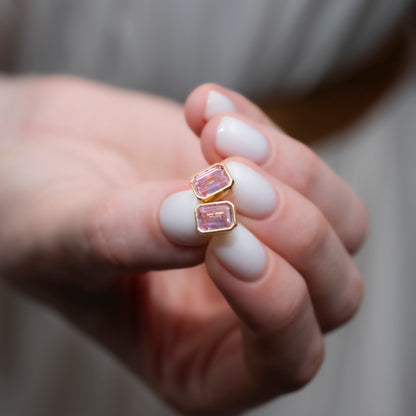 Rectangle Pink Tourmaline Stud Earrings in 14K Solid Gold, October Birthstone Baguette Cut Jewelry Queen Jewelry Earrings