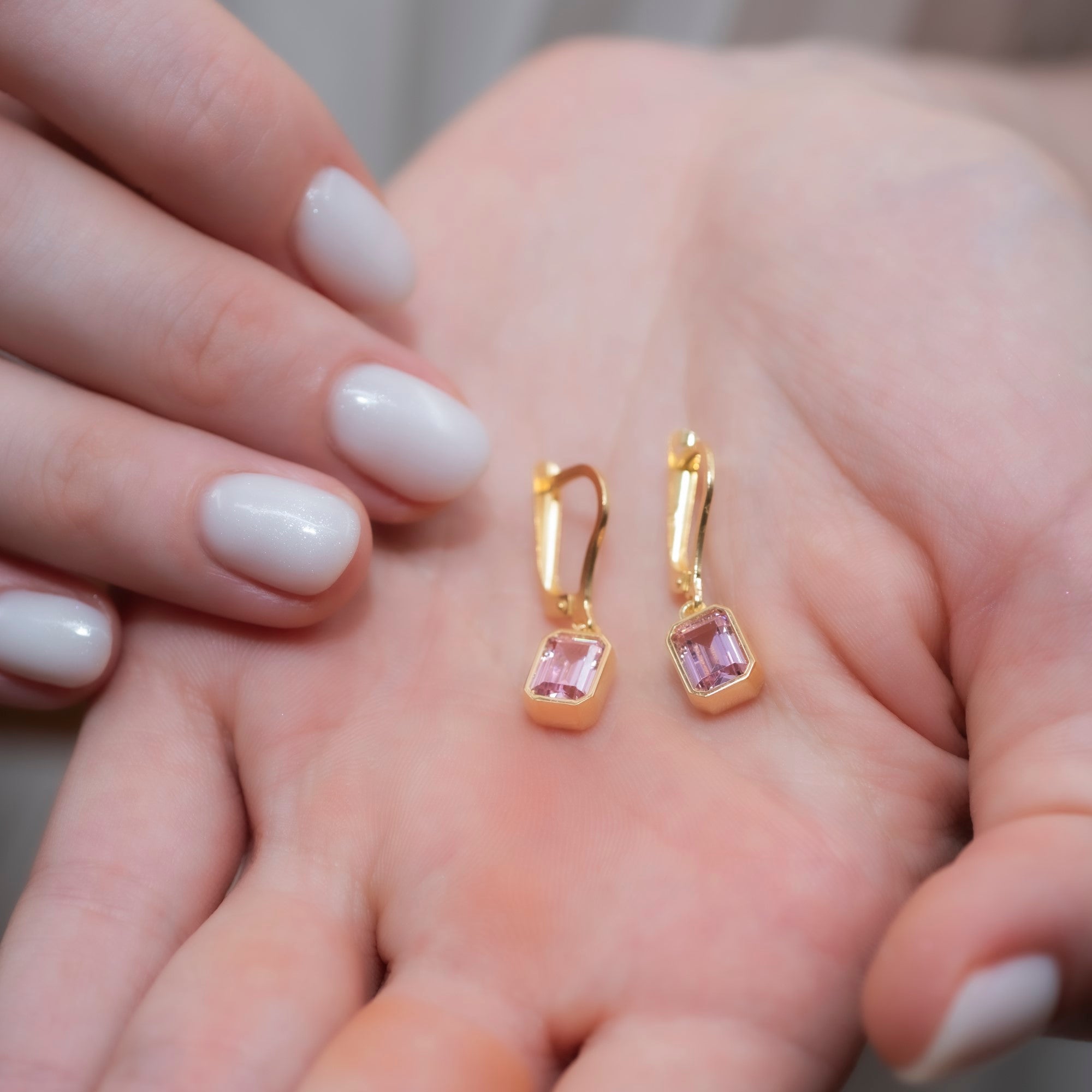 Rectangle Pink Tourmaline Dangling Earrings in 14K Solid Gold, October Birthstone Baguette Cut Jewelry Queen Jewelry Earrings