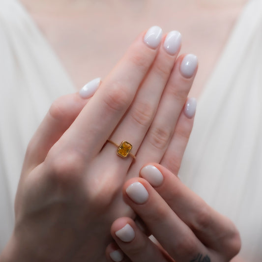 Yellow Topaz Rectangle Ring 14K Solid Gold, Baguette Cut Design Birthstone Queen Jewelry Rings