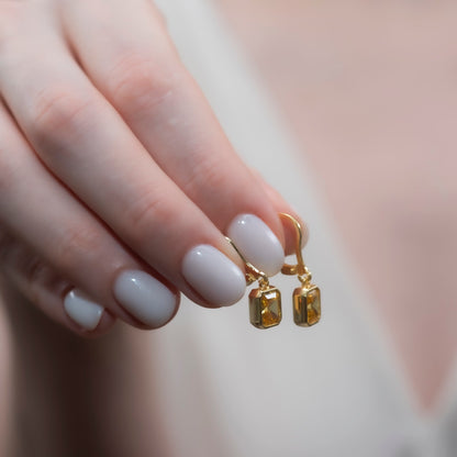 Rectangle Yellow Topaz Dangling Earrings in 14K Solid Gold, Birthstone Baguette Cut Jewelry Queen Jewelry Earrings